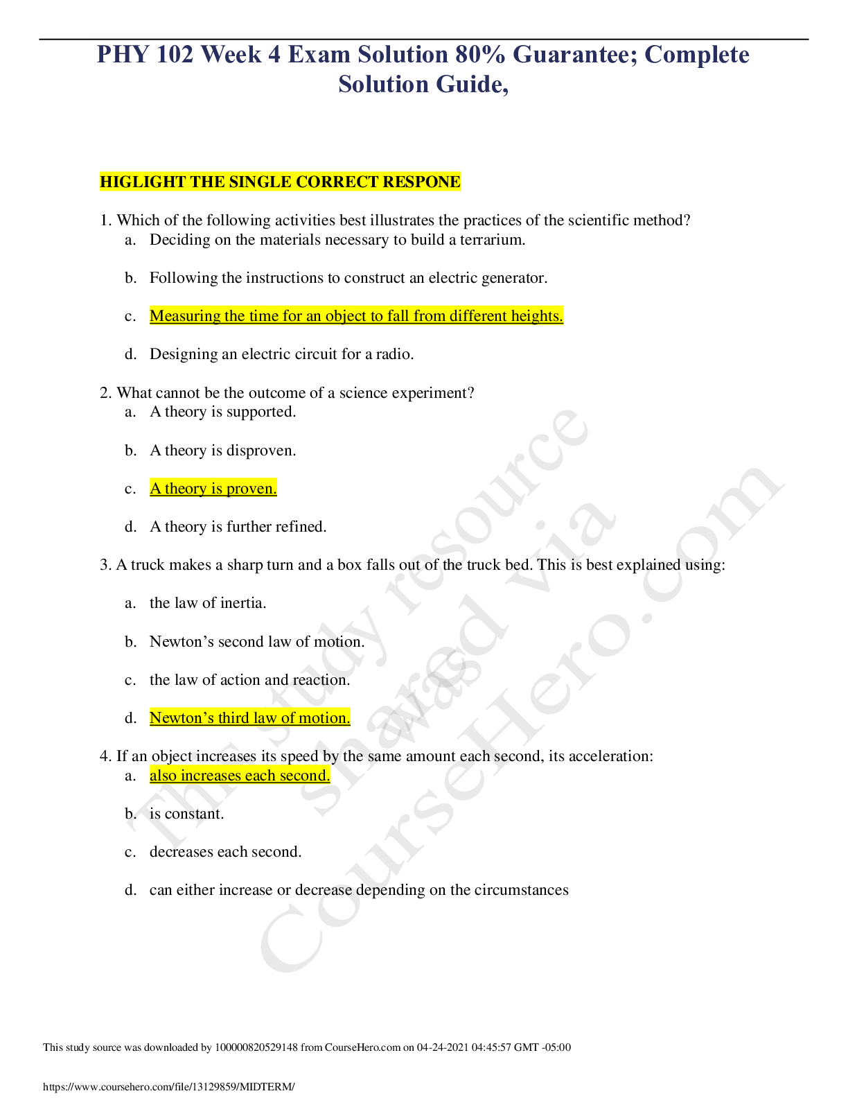 Preview image of PHY 102 Week 4 Exam Solution 80% Guarantee; Complete Solution Guide,GRADEDA A. document